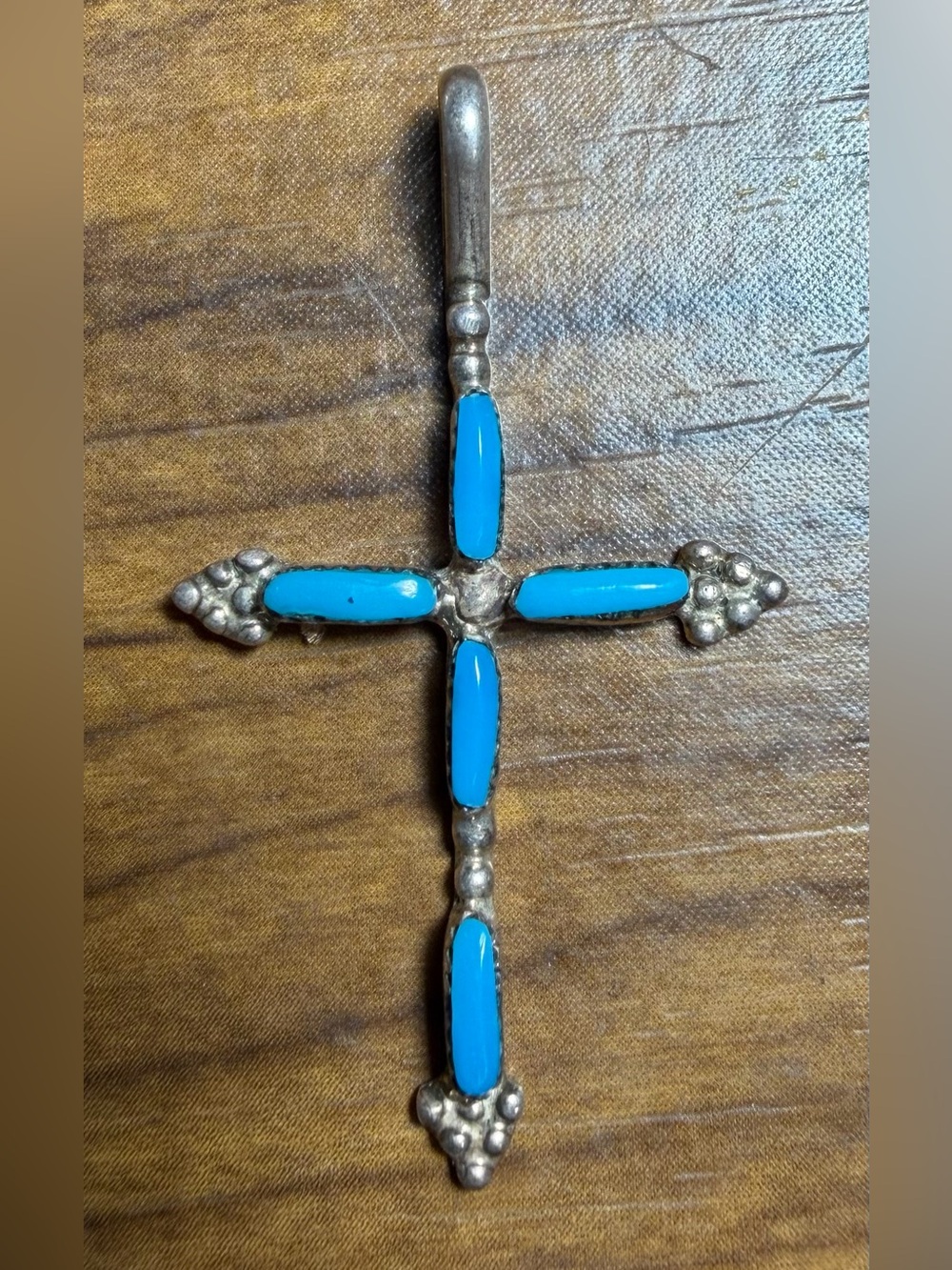 Vintage Zuni Style Petit Point Turquoise Cross Pendant Sterling Silver 925 1.5”